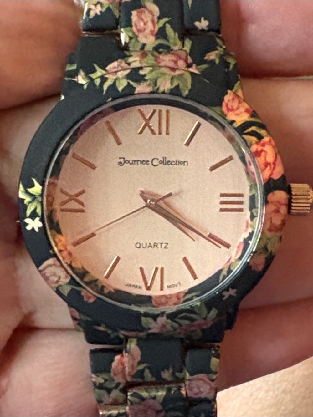 Journee Collection Floral Black Strap Watch with Rose Gold Dial-NEW